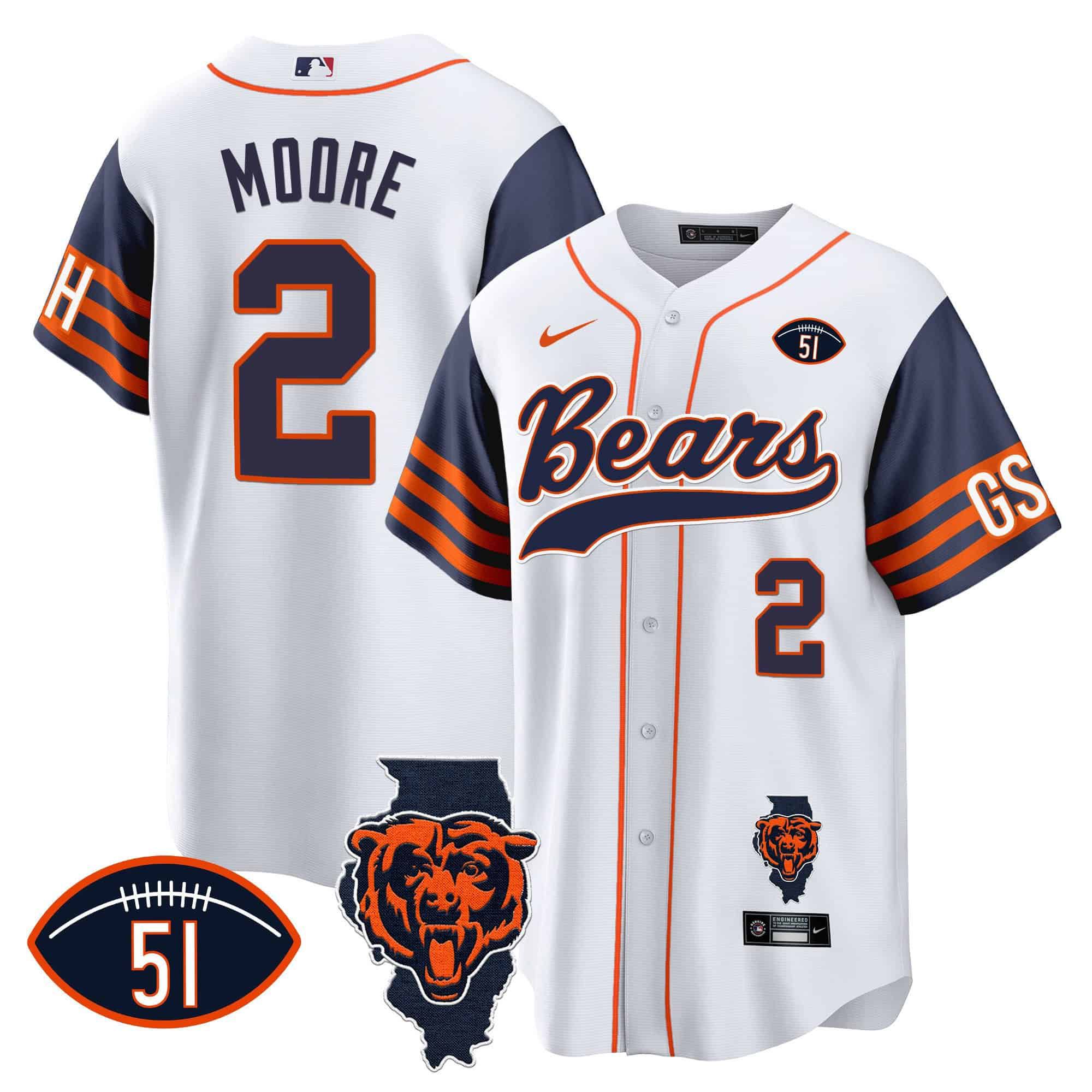 Men Chicago Bears #2 Moore White 2024 Nike Patch Baseball NFL Jersey style 1